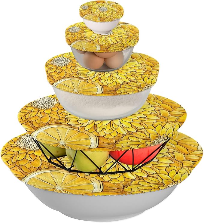 5 Pcs Bowl Covers Reusable in 5 Size Elastic Food Cover Cloth Lids Fresh Keeping Dish Cookware Bakeware Fabric Covers Lids for Food Leftovers Fruits Storage Cartoon Yellow Chrysanthemum Flo