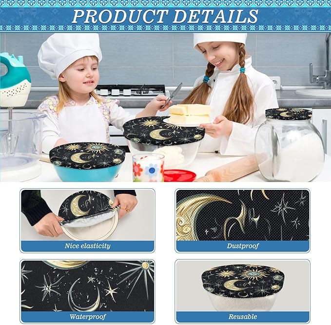 5 Pcs Bowl Covers Reusable in 5 Size Elastic Food Cover Cloth Lids Fresh Keeping Dish Cookware Bakeware Fabric Covers Lids for Food Leftovers Fruits Storage Star Moon Sun Constellation Blac