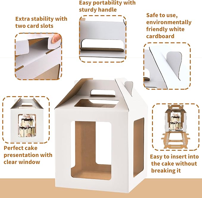 Tall Cake Boxes 6 Windows with handle, In 3 Size 10x10x10&12x12x12&14x14x14inch Cake Carrier,Square Cake box,Take Out Transport Containers for Wedding, Birthday, Party(5Pcs-White)