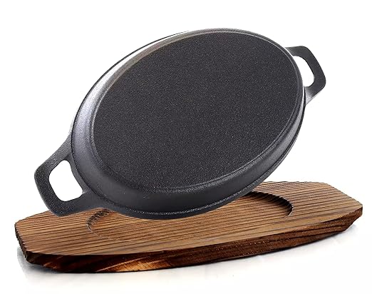 Bruntmor Mini Cast Iron Sizzler Plates Skillet Set Of 4. Oval Fajita Plate With Wooden Base/Pan Tray Serving Sizzling Dish And Fajitas, Hot Steak Skillet Dish Without Sinking (2 Sets)