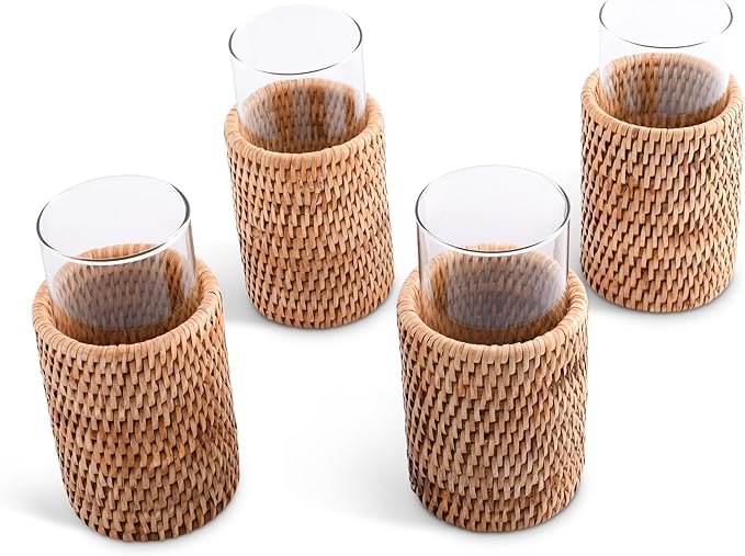 Vagabond House Natural, Removable Glass Water/Juice Glasses Set of 4, Handmade, Tall 6 Inches, Perfect for Kitchen and Home, Covered with Hand Woven Wicker Rattan