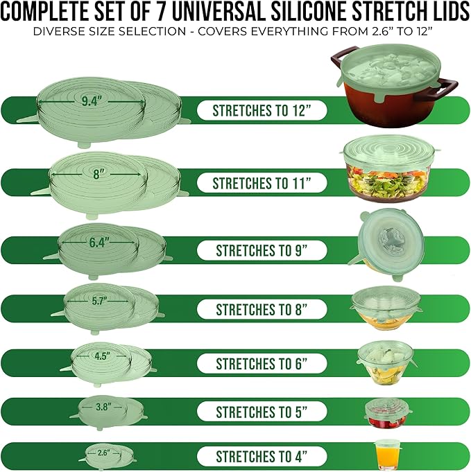 Reusable Silicone Stretch Lids for Food Storage in Fridge - Elastic Heat-Resistant Bowl Covers, Cups, Cans, Jars - Universal Food Grade Lid for Containers - 7 Pack - Mint Frost Stretchy Lid Set