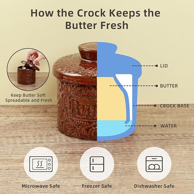 Butter Crock, Ceramic French Butter Dish with Lid for Countertop, Butter Keeper with Water Line for Fresh Spreadable Butter (Vintage Red)