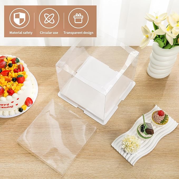 12x12x10inch 6Pcs Tall Cake Boxes Clear cake Box with Ribbon,Pre Folded Lid for 10" and 11" Inch Tall Layer Tiered Cakes and Bakery Display Birthday Wedding Party(Clear Lid, 12*12*10inch/6Pcs)