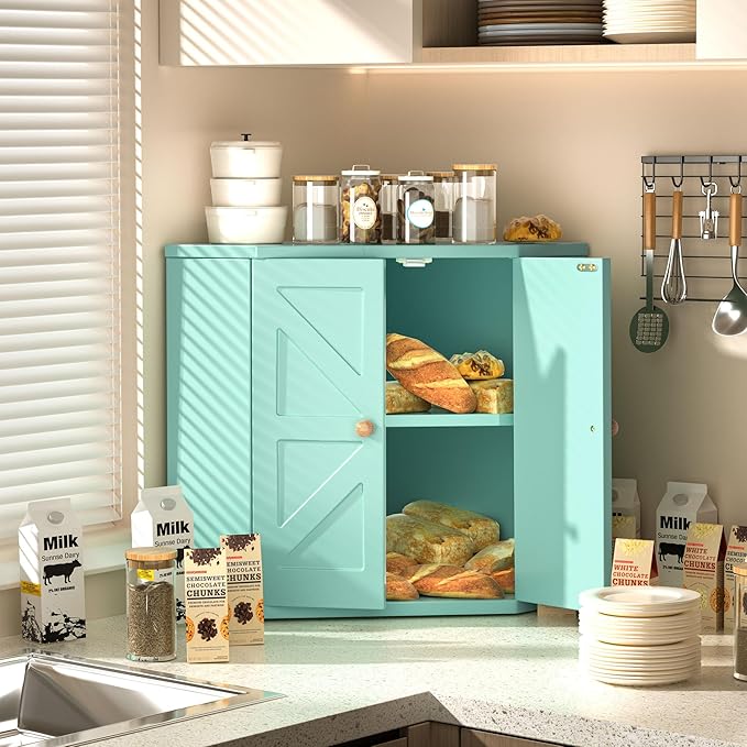 Corner Bread Box for Kitchen Countertop,Storage Container for Homemade Bread, Double Layer BreadBox, Large Capacity Bread Storage Bin, Vintage Farmhouse Breadbox Organizer, Green