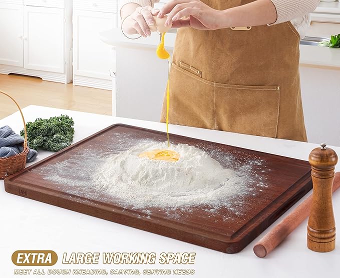AZRHOM XXL Large Walnut Wood Cutting Board for Kitchen 24x18 (Gift Box) with Juice Groove Handles Non-slip Mats Thick Reversible Butcher Block Chopping Board