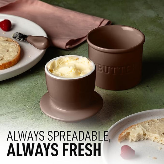 Zulay Kitchen Butter Crock With Lid & Spreader Knife for Countertop - Ceramic French Butter Dish Keeper For Fresh & Spreadable Butter - Coffee