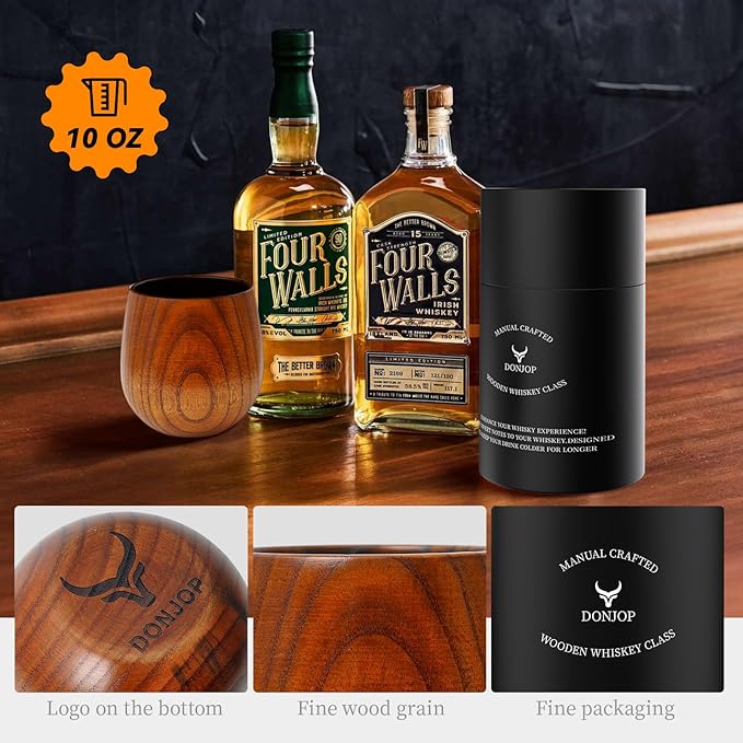 Charred Wooden Bourbon Drinking Glass,Handcrafted Whiskey Glasses for Men,Great Anniversary Birthday Gifts for Men, Him, Dad, Husband, or Brother 10OZ 2 PACK