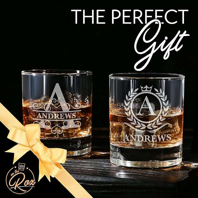 On The Rox Drinks Personalized Whiskey, Bourbon Monogram Glass Gifts - 11 oz Name Monogram Scotch Glass Set of 2 - Custom Cocktail, Rocks, Brandy Glasses