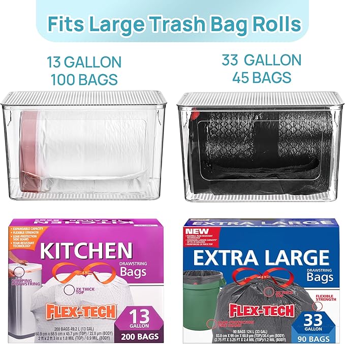 Vtopmart 1 Pack Trash Bag Holder, Stackable Garbage Bag Dispenser for 13/30/33 Gallon Bags, Clear Organizer Bins for Under Kitchen Sink, Laundry Room Organization and Storage