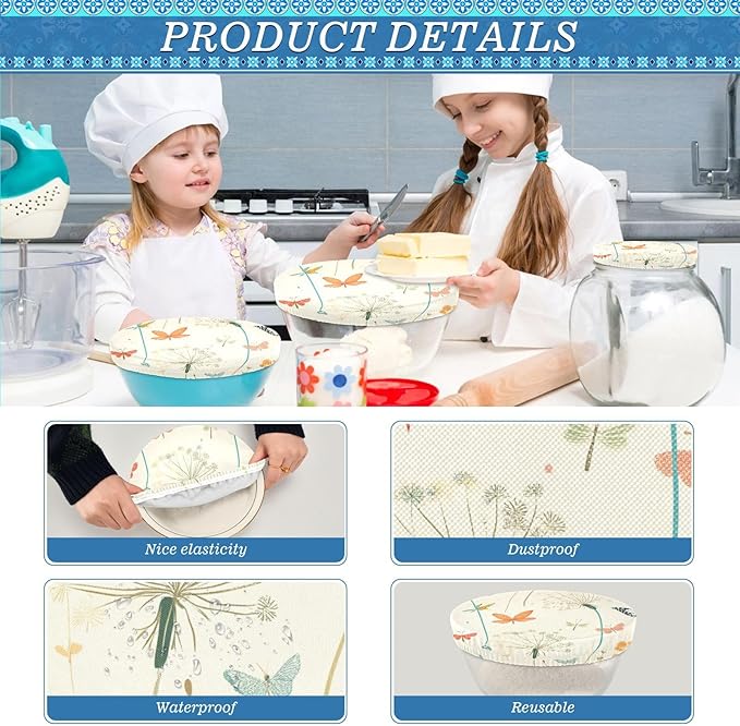 5 Pcs Bowl Covers Reusable in 5 Size Elastic Food Cover Cloth Lids Fresh Keeping Dish Cookware Bakeware Fabric Covers Lids for Food Leftovers Fruits Storage Dandelion Flowers and Dragonfly