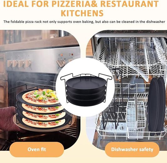 JIAWANSHUN Folding Pizza Rack Stand 4-Layer Stainless Steel with 12-Inch Non-Stick Pan,Oven-Safe Baking & Cooling Holder for Home Kitchens,Pizza Shops,Commercial Restaurants