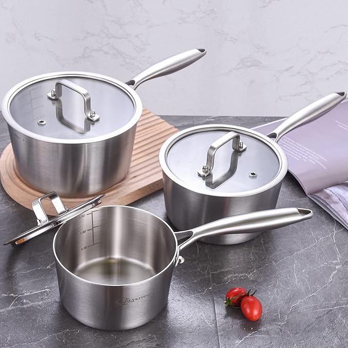 LOLYKITCH 1.5-2.5-3.0 QT, Tri-Ply Stainless Steel Saucepan Set of 3,Induction Cooking Pots,Sauce Pots with Lids,Pots and Pans Set,Detachable Handle and Dishwasher Safe.