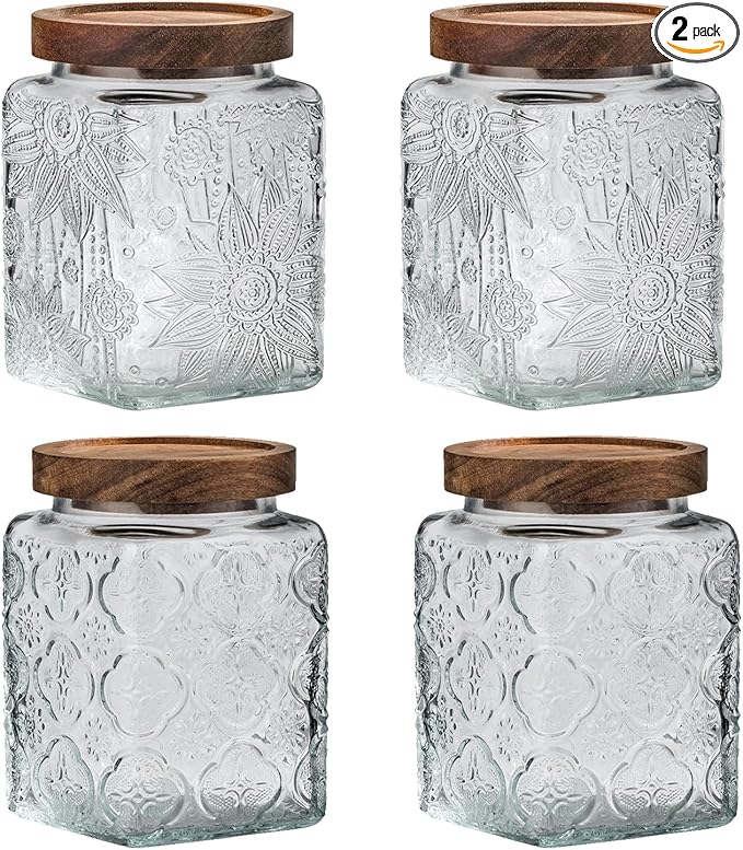 Snminetal Vintage Glass Airtight Storage Jar, With Airtight Wood Lid, Kitchen Food Storage Containers,for Kitchen Counter, Pantry, Tea, Sugar, Coffee Tea Beans,Food Storage Jar (Sunflower*2+plum*2)