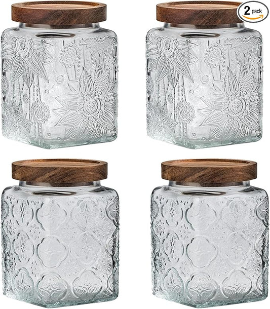 Snminetal Vintage Glass Airtight Storage Jar, With Airtight Wood Lid, Kitchen Food Storage Containers,for Kitchen Counter, Pantry, Tea, Sugar, Coffee Tea Beans,Food Storage Jar (Sunflower*2+plum*2)