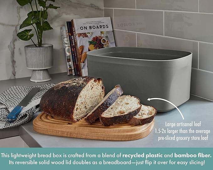 Sonder Los Angeles, Modern Bamboo Fiber and Recycled Plastic Bread Box (Charcoal) for Kitchen Countertop with Reversible Cutting Board Lid, Homemade Bread Bin Storage Container 14.25 x 9.25 x 7 in