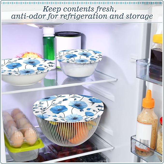 5 Pcs Bowl Covers Reusable in 5 Size Elastic Food Cover Cloth Lids Fresh Keeping Dish Cookware Bakeware Fabric Covers Lids for Food Leftovers Fruits Storage Blue Poppy Flowers and Branches
