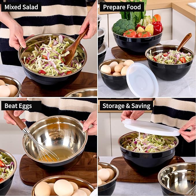 Black Mixing Bowls with Lids Set of 7, Stainless Steel Nesting Bowl with Khaki Lid for Non-slip Mixing Prepping Storing Serving, 7 Sizes-7/3.6/2.7/2.1/1.5/1/0.8 QT