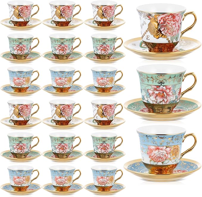 Set of 18 Tea Cups and Saucers Tea Party Decorations Floral Porcelain 5.4 oz British Gift for Women Birthday Party, Church, and Mother's Day (Classic Style,5.4 oz)