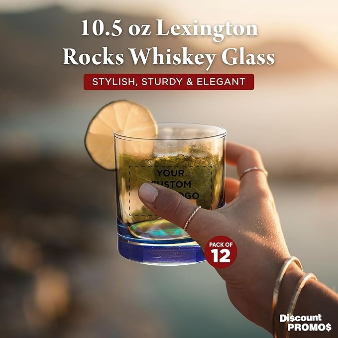 Custom Lexington Rocks Whiskey Glass 10.5 oz, Set of 12, Personalized Bulk Pack - Perfect for Scotch, Bourbon, Whiskey, Cocktail - Blue