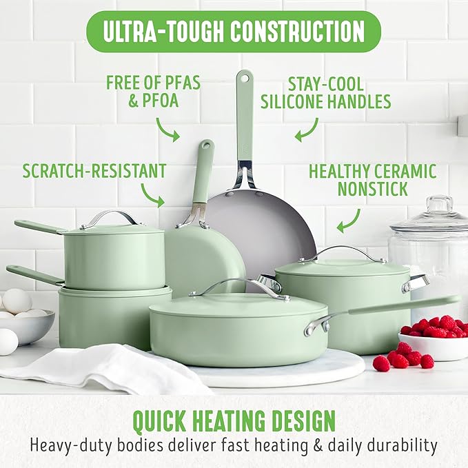 GreenLife 10-Piece Nonstick Ceramic Cookware Set, Lightweight Healthy PFAS-Free Pots & Pans with Lids, Dishwasher & Oven Safe, Durable Body, Silicone Stay-Cool Handles, Easy Release, Sage Green