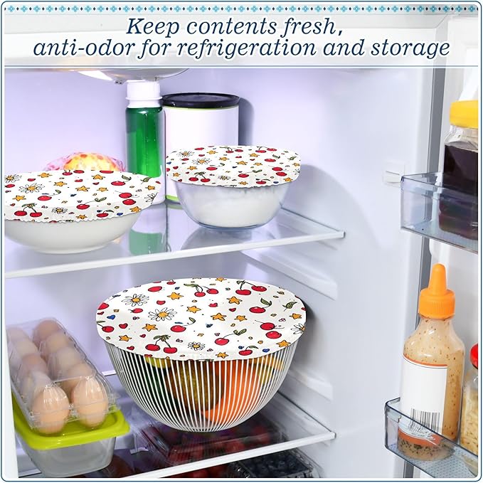 5 Pcs Bowl Covers Reusable in 5 Size Elastic Food Cover Cloth Lids Fresh Keeping Dish Cookware Bakeware Fabric Covers Lids for Food Leftovers Fruits Storage Cherry Stars Flower