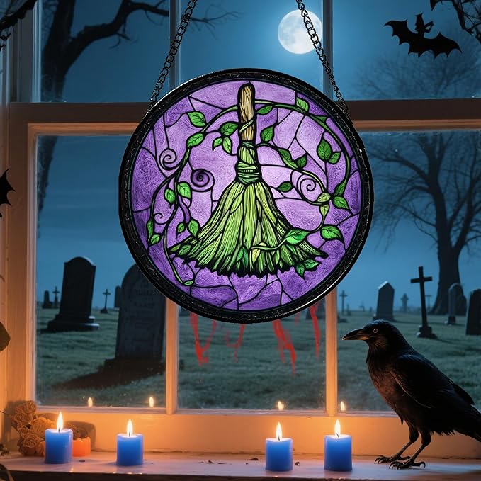 Stained Glass Window Hanging - Halloween Decorations Witch Magic Broom Suncatcher for Doors Garden Indoor Funny Spooky Sun Catchers Gothic Decor Horror Gifts for Women Men Friend 9.8 in