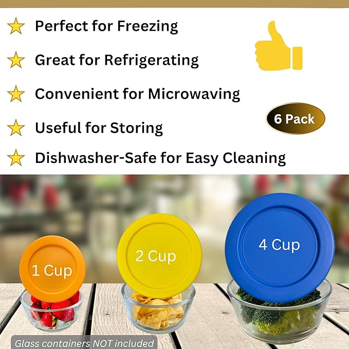 1, 2 & 4 Cup Orange, Yellow, Blue Replacement Lids/Covers for Pyrex, Anchor Hocking & KlareWare Storage Bowls *Lids Only Glass Container Not Included* (6 Pack *Two of Each Size*)