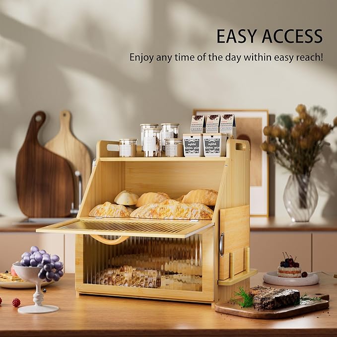 Bread Box for Kitchen Countertop, Large Bread Storage Container for Homemade Bread, Wooden Farmhouse Breadbox Organizers, Double Layer Bread Bin with Acrylic Window Bread Holder, Brown