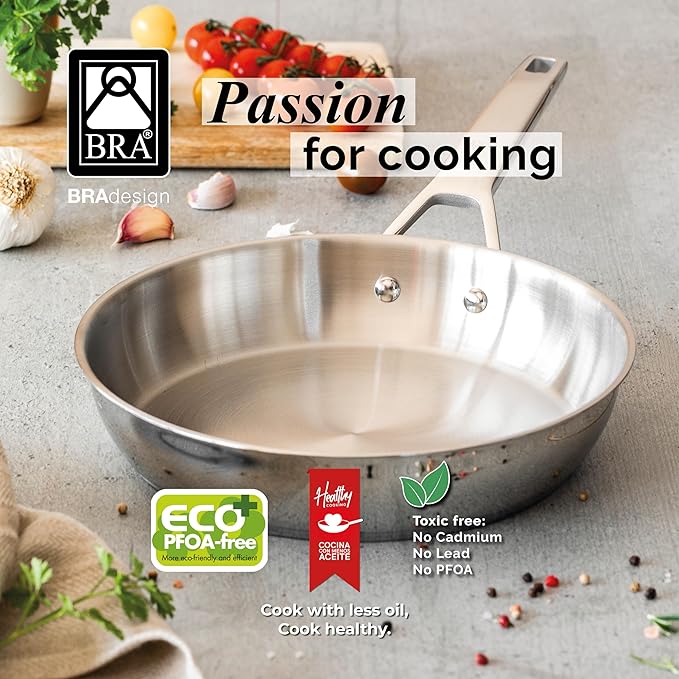 BRA COOKWARE Signature Frying Pan | 8 inches Professional Skillet | Stainless Steel Frypan | All Stovetop Compatible - Full Induction Skillet | PFOA Free | w/o Non-Stick Coating | Polished Finish