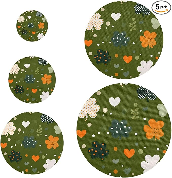 5 Pcs Bowl Covers Reusable in 5 Size Elastic Food Cover Cloth Lids Fresh Keeping Dish Cookware Bakeware Fabric Covers Lids for Food Leftovers Fruits Storage Dark Green Shamrocks Hearts Dots