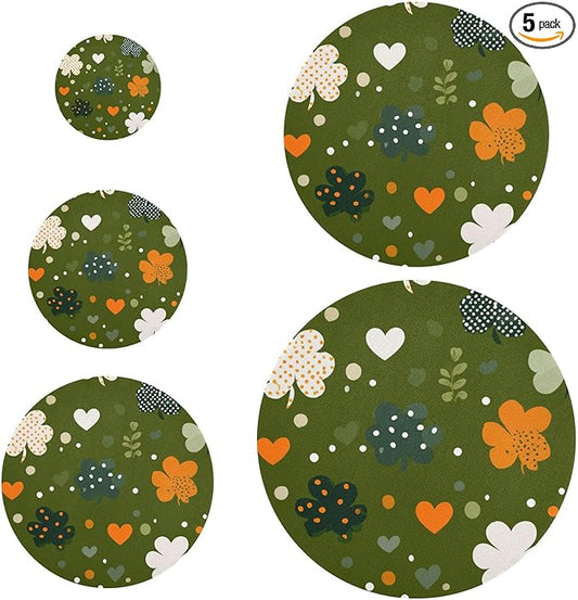 5 Pcs Bowl Covers Reusable in 5 Size Elastic Food Cover Cloth Lids Fresh Keeping Dish Cookware Bakeware Fabric Covers Lids for Food Leftovers Fruits Storage Dark Green Shamrocks Hearts Dots