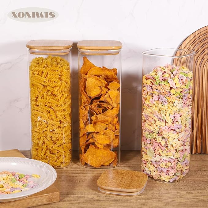 73oz 3PCS Sqaure Spaghetti Pasta Storage Containers with Lids, Pantry Containers Tall Glass Tight Food Storage Jars with Lids for Penne, Macaroni, Lasagna, Fusilli, Cereal, Flour, Sugar, Oats