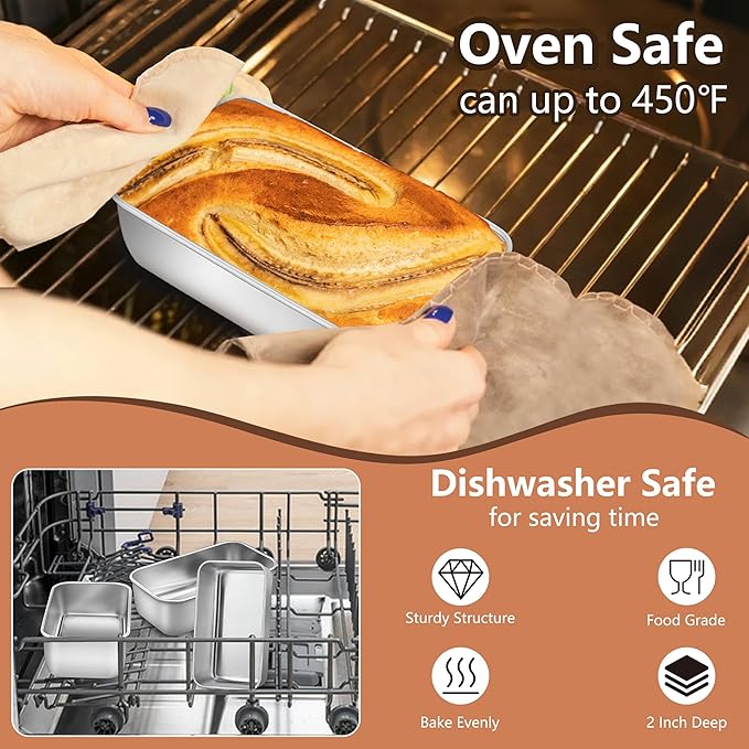 LIANYU 4 Pack Mini Loaf Pan for Baking Bread, 6.3 x 3.5 Inch Stainless Steel Small Bread Loaf Pan for Homemade Meatloaf, Tin Loaf Baking Pan Perfect for Banana Sourdough Sandwich, Dishwasher Safe