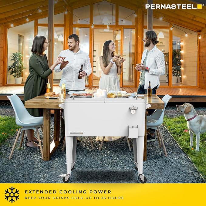 Permasteel 80 Quart Party Cooler, Rolling Ice Chest with Wheels and Handles for Indoor Outdoor Patio