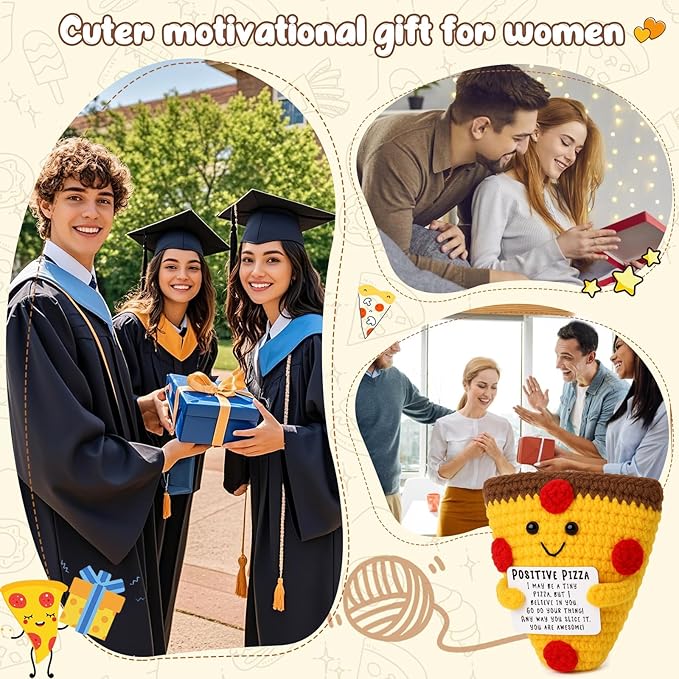 Mini Christmas Inspirational Pizza Gifts Handmade Positive Crochet Animal Pizza for Motivation Christmas Birthday Gift for Women Coworker Friends Christmas Stocking Stuffers White Elephant Gifts Idea