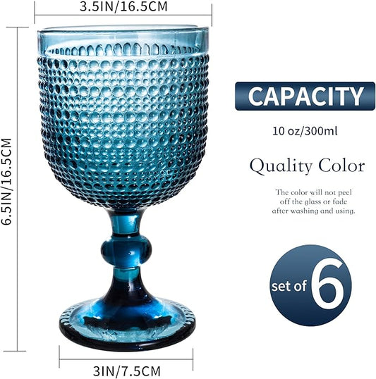 Bandesun Blue Hobnail Wine Glasses Set of 6 - Beads Goblet Glassware Vintage Drinkware