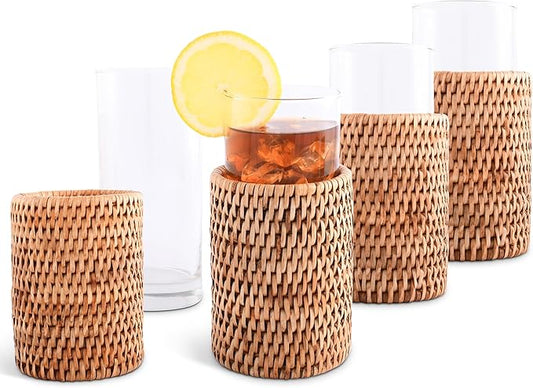 Vagabond House Natural, Removable Glass Water/Juice Glasses Set of 4, Handmade, Tall 6 Inches, Perfect for Kitchen and Home, Covered with Hand Woven Wicker Rattan