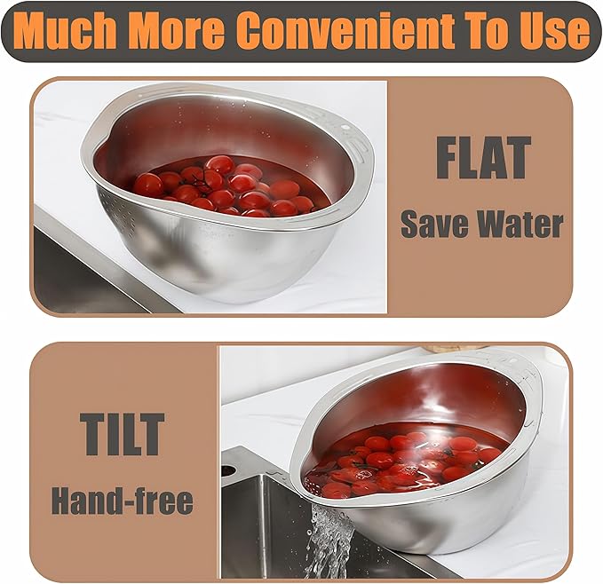 Rice Washer Strainer Bowl, Stainless Steel Washing Bowl, Quinoa Colander Versatile Side Drainers for Cleaning Rinsing Fruits, Vegetables, and Beans - Multifunctional Drain Basket