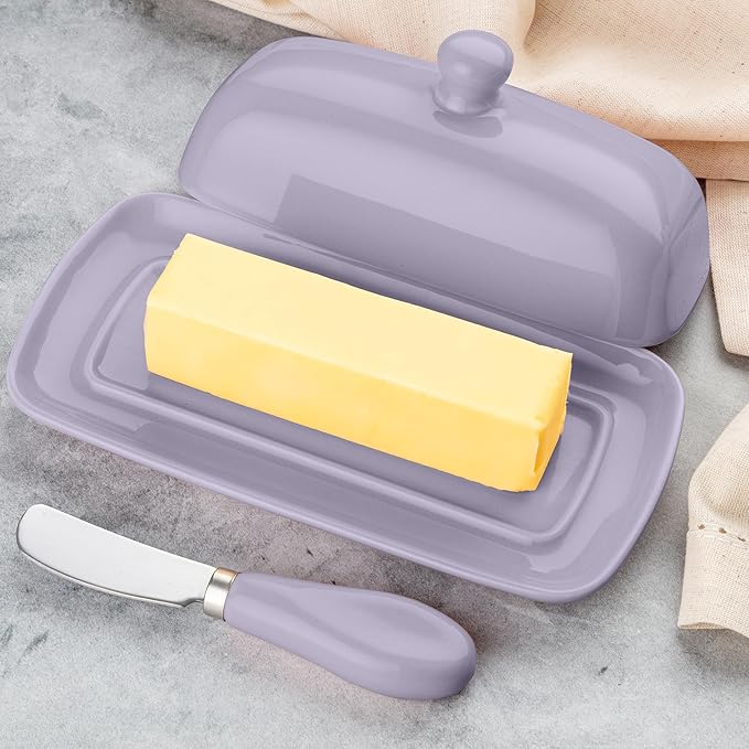 Zulay Butter Dish With Lid For Countertop - Porcelain White, Ceramic Butter Dish with Knob Handle Great for Cooking - Elegant Design Butter Holder - Durable & Sturdy Butter Keeper - Periwinkle