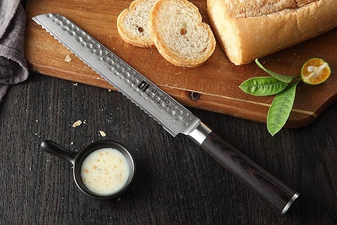 XINZUO 67 Layers Damascus Bread Slicing Knife, 8 Inch Serrated Bread Knife for Homemade Bread Sourdough,Razor Sharp,Dark Brown Pakkawood Handle