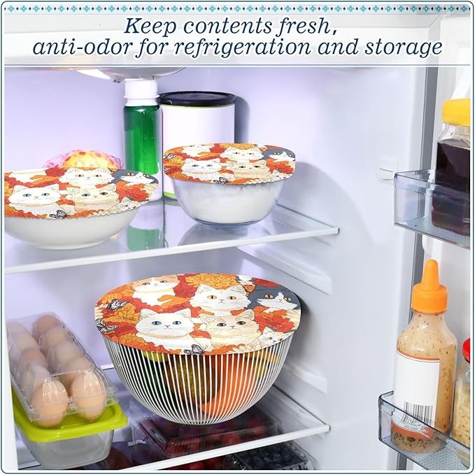 5 Pcs Bowl Covers Reusable in 5 Size Elastic Food Cover Cloth Lids Fresh Keeping Dish Cookware Bakeware Fabric Covers Lids for Food Leftovers Fruits Storage Orange Chrysanthemum and Cute Ca