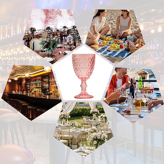 24 Pcs Vintage Wine Glasses, 10 Ounce Colored Glass Water Goblets, Unique Embossed Pattern High Clear Stemmed Glassware Wedding Party Bar Glass Drinking Cups, Diamond Pink Glasses Set of 24