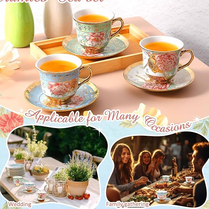 Set of 12 Tea Cups and Saucers Tea Party Decorations Floral Porcelain 5.4 oz British Gift for Women Birthday Party, Church, and Mother's Day (Classic Style,5.4 oz)
