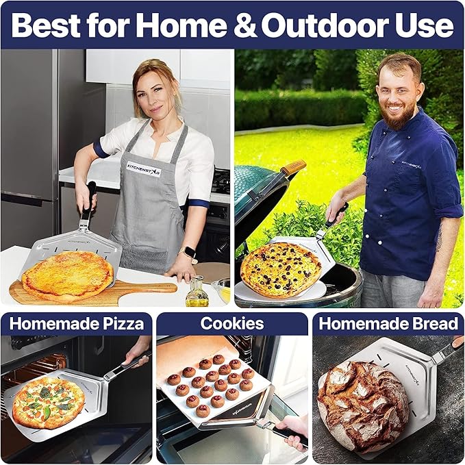 14" Pizza Making Kit (Set of 2) - 14" Pizza Cutter Rocker Knife with Blade Cover + 13" Perforated Stainless Steel Pizza Peel with Folding Handle - Ultimate Pizza Oven Accessories