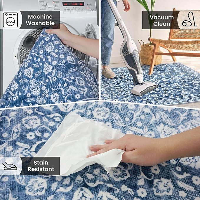 Blue and White Round Rug 3 Ft Rugs for Entryway Washable Circle Entrance Rug Non Slip Round Doormat Indoor Printed Faux Wool Round Front Door Mat Floor Carpet for Backdoor, Bedroom