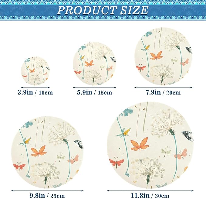 5 Pcs Bowl Covers Reusable in 5 Size Elastic Food Cover Cloth Lids Fresh Keeping Dish Cookware Bakeware Fabric Covers Lids for Food Leftovers Fruits Storage Dandelion Flowers and Dragonfly
