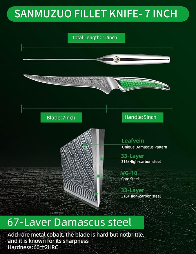 7 inch Fillet Knife, Japanese VG-10 Damascus Steel Kitchen Fish Knife with Ultra Sharp Blade and Full-tang Green Resin Handle