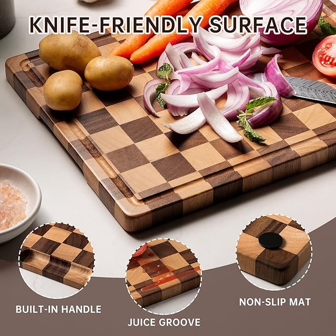 Cutting Board Set, Acacia Wood Checkered Cutting Boards for Kitchen, 3 pcs Chopping Board with Juice Grooves & Handles, Butcher Block Serving Tray for Meat, Vegetables and Fruits with Gift Box