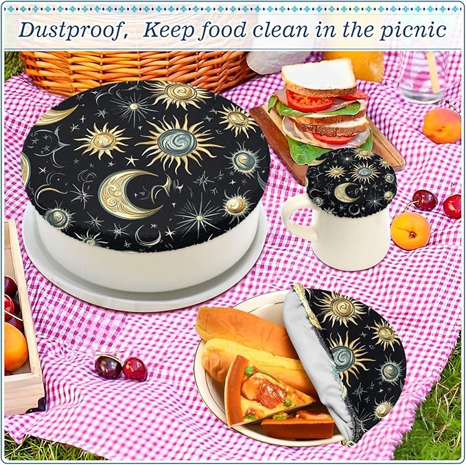 5 Pcs Bowl Covers Reusable in 5 Size Elastic Food Cover Cloth Lids Fresh Keeping Dish Cookware Bakeware Fabric Covers Lids for Food Leftovers Fruits Storage Star Moon Sun Constellation Blac